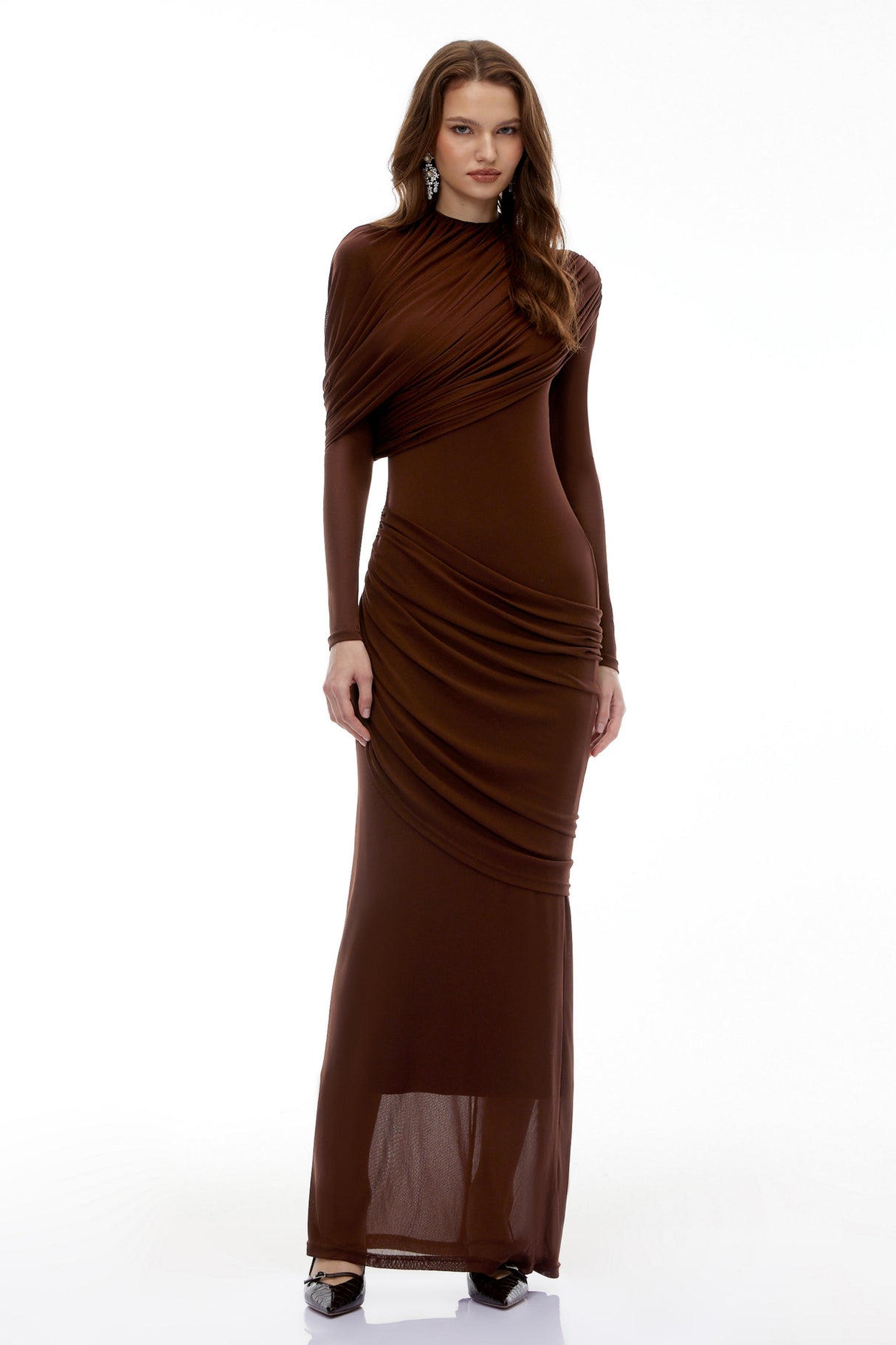 Aurohaya Sophia Chocolate Brown Draped Jersey Maxi Dress