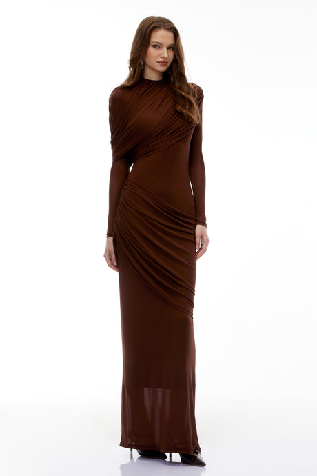 Aurohaya Sophia Chocolate Brown Draped Jersey Maxi Dress