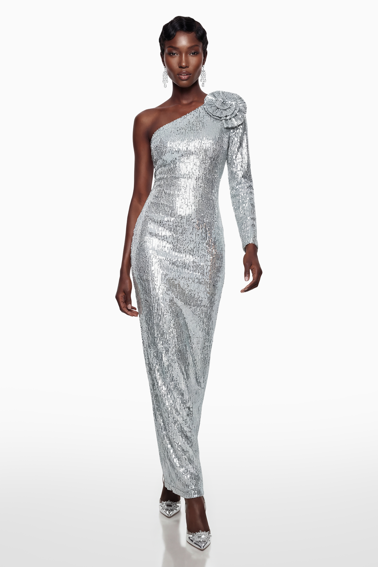 Aurohaya Sophia Silver Sequin Corset Maxi Dress with 3D Petals