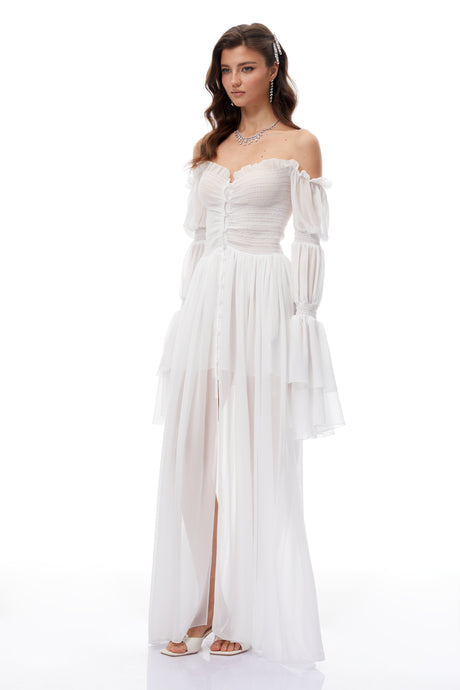 Aurohaya Stefania White Smocked Shirred Chiffon Maxi Dress