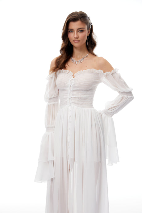 Aurohaya Stefania White Smocked Shirred Chiffon Maxi Dress