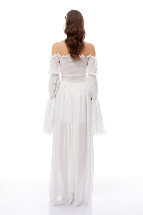 Aurohaya Stefania White Smocked Shirred Chiffon Maxi Dress