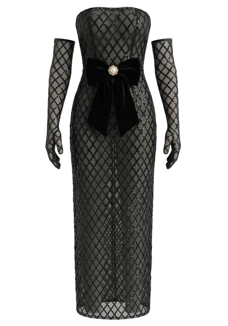 Strapless Bow Detail Sequin Maxi Dress Black