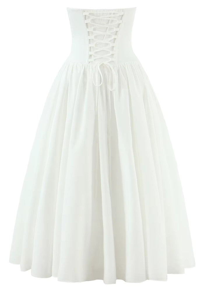 Strapless Bustier A Line Midi Dress White