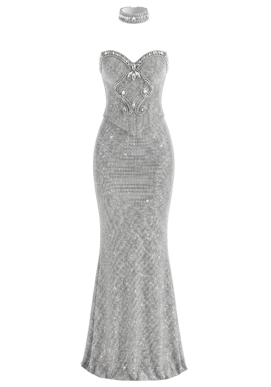 Strapless Crystal Choker Maxi Dress Silver