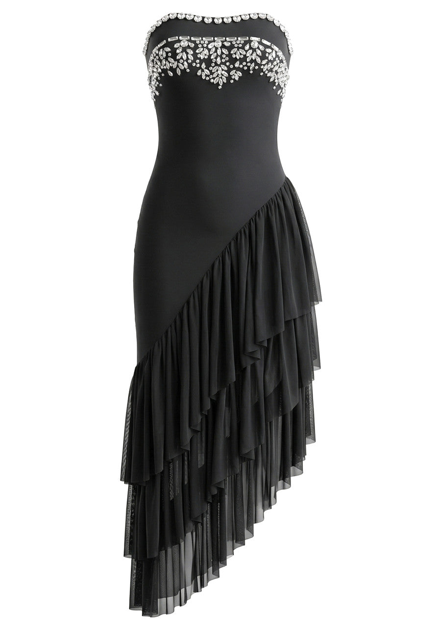 Strapless Crystal Ruffle Asymmetric Maxi Dress Black