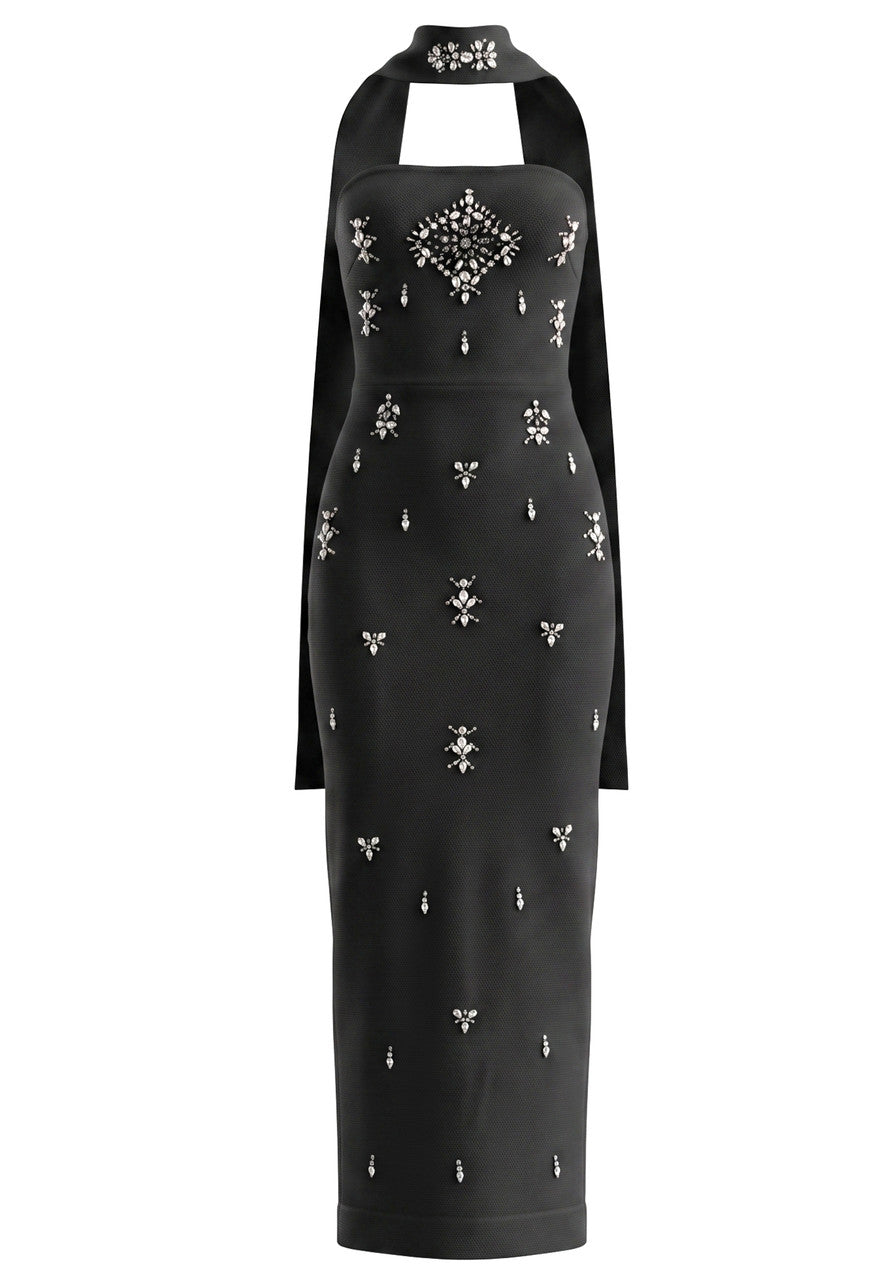 Strapless Crystal Scarf Maxi Dress Black