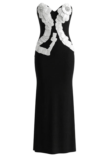 Strapless Crystal Sequin Floral Maxi Dress Black White