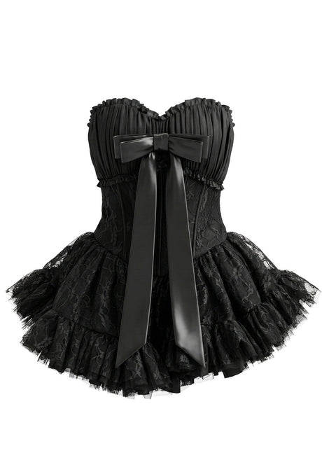 Strapless Draped Bustier Lace A Line Corset Dress Black
