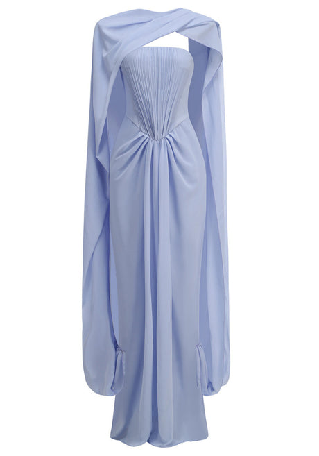 Strapless Draped Cape Maxi Dress Blue