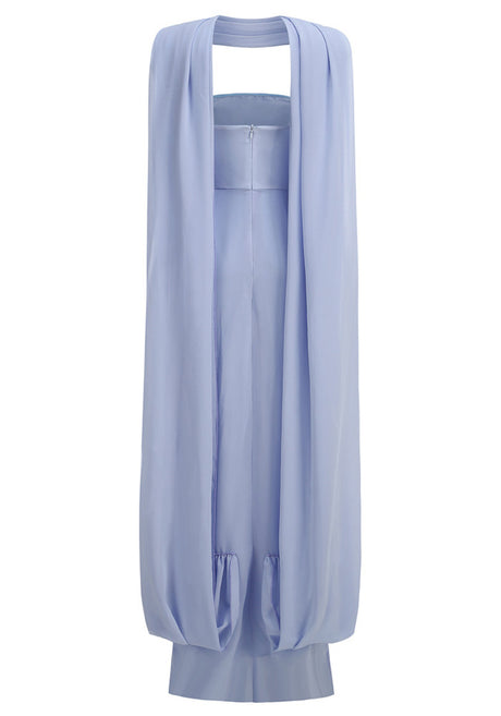 Strapless Draped Cape Maxi Dress Blue