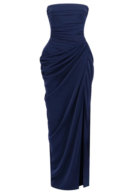 Strapless Draped Corset Maxi Dress Navy Blue