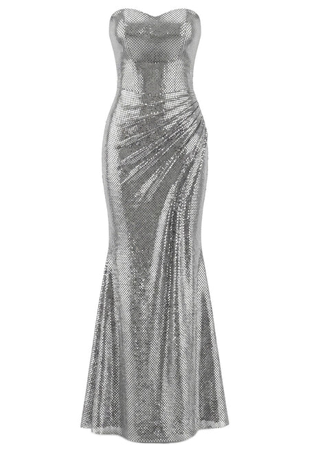 Strapless Draped Maxi Dress Silver