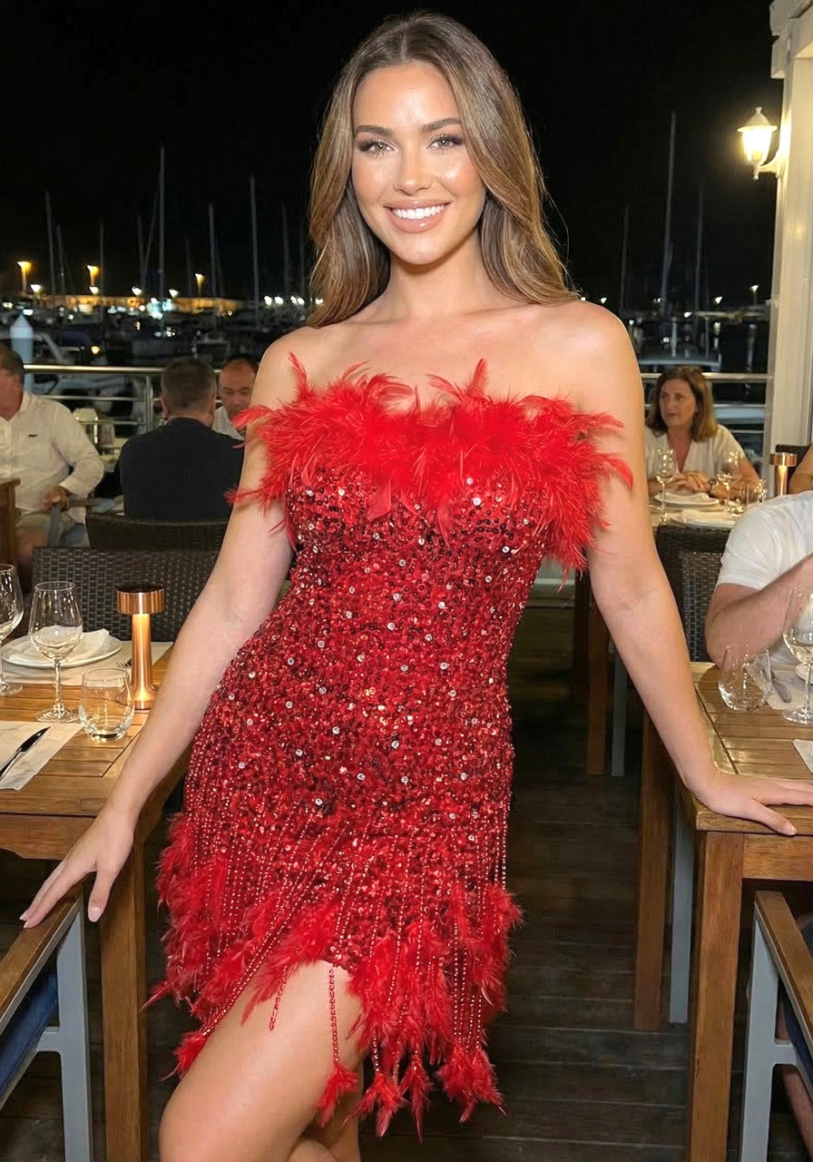 Strapless Feather Crystal Sequin Dress Red