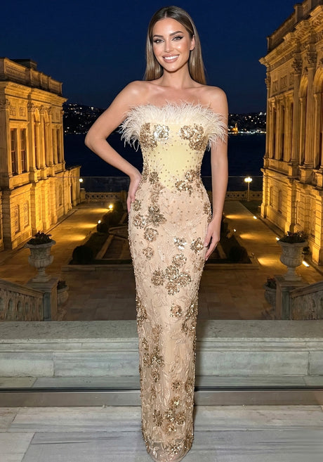 Strapless Feather Sequin Floral Maxi Dress Nude