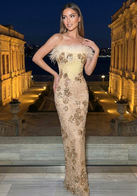 Strapless Feather Sequin Floral Maxi Dress Nude