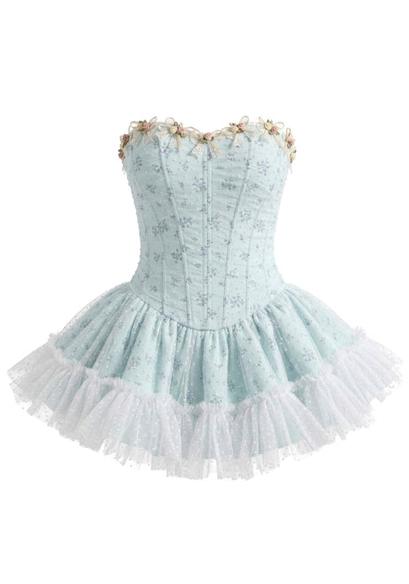 Strapless Floral A Line Corset Dress Light Blue