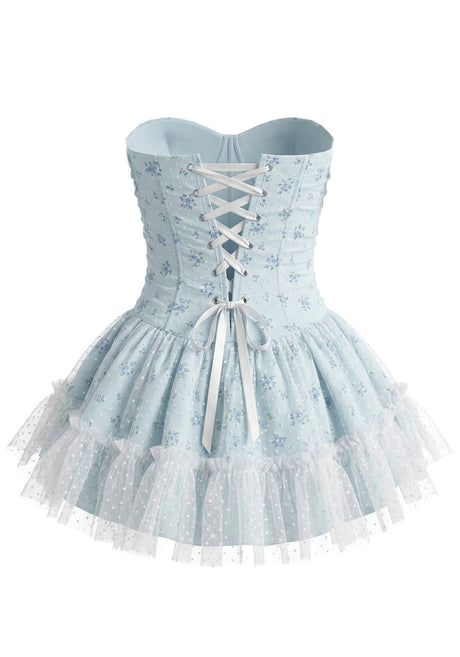 Strapless Floral A Line Corset Dress Light Blue