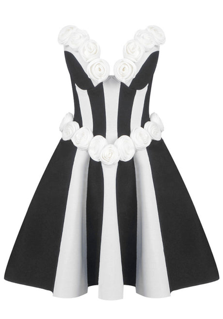 Strapless Floral A Line Dress Black White