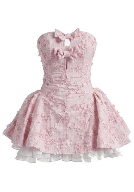 Strapless Bow Detail Floral A Line Dress Pink