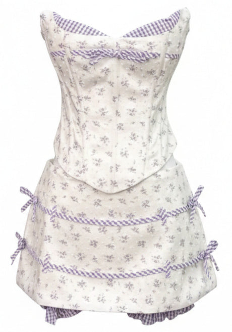 Strapless Floral Corset Two Piece Dress White Purple