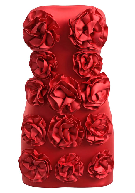 Strapless Floral Detail Dress Red
