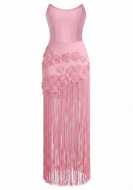 Strapless Floral Tassel Maxi Dress Pink