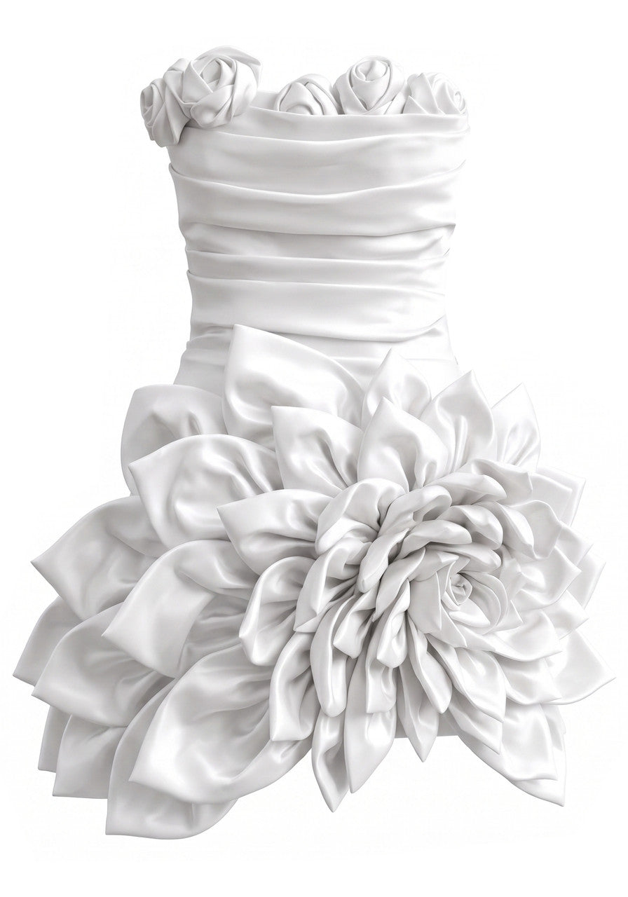 Strapless Floral Draped Dress White