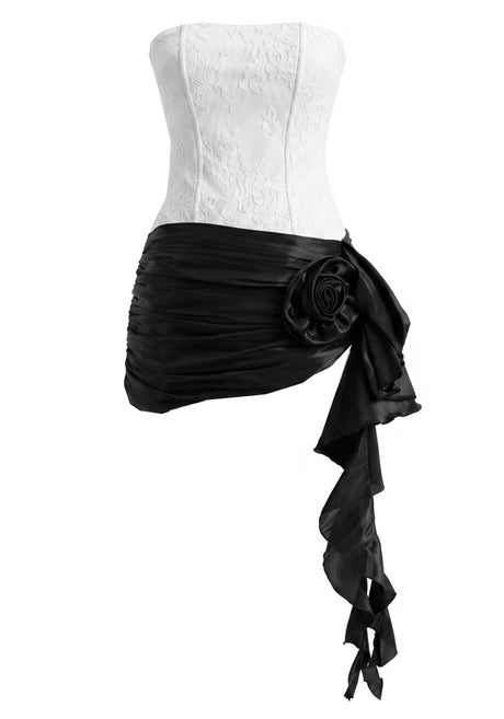 Strapless Floral Ruffle Detail Corset Dress White Black