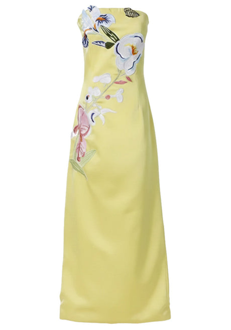 Strapless Floral Embroidered Maxi Dress Yellow