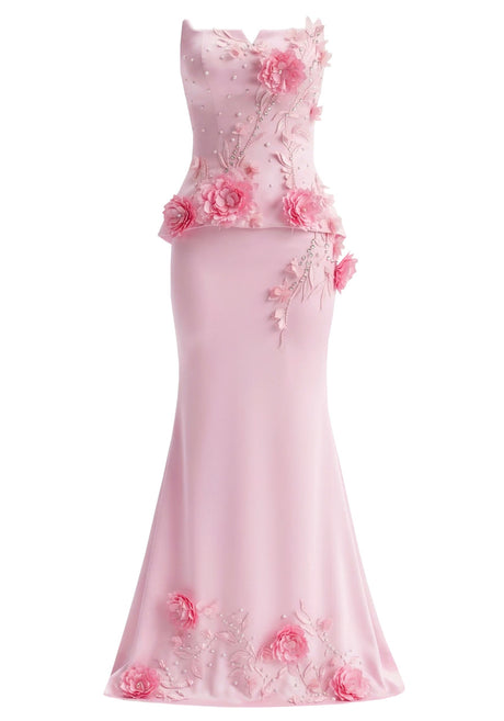 Strapless Floral Detail Maxi Dress Pink