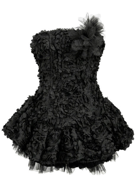 Strapless Floral Mesh A Line Dress Black