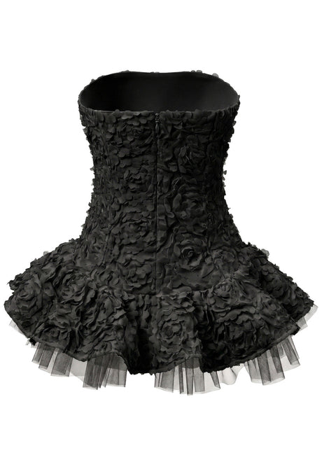 Strapless Floral Mesh A Line Dress Black