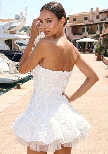 Strapless Floral Mesh A Line Dress White