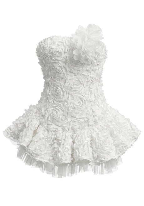 Strapless Floral Mesh A Line Dress White
