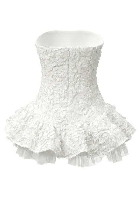 Strapless Floral Mesh A Line Dress White