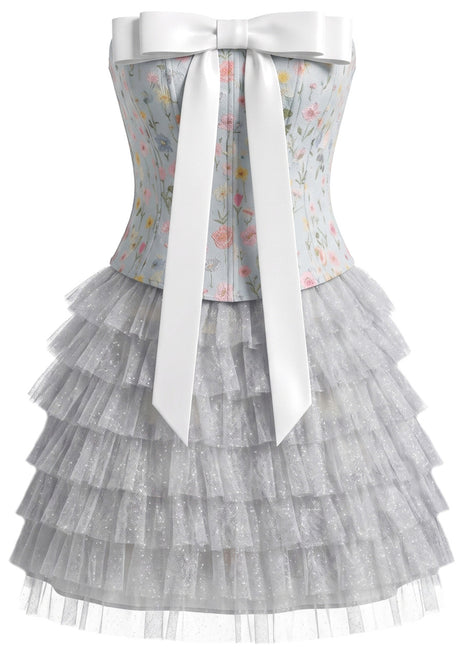 Strapless Floral Mesh Ruffle Dress Blue