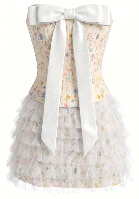 Strapless Floral Mesh Ruffle Dress Yellow