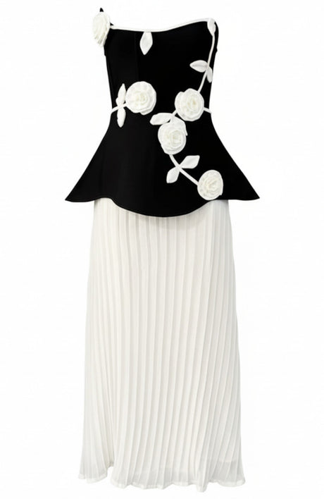 Strapless Floral Peplum Pleated Midi Dress Black White