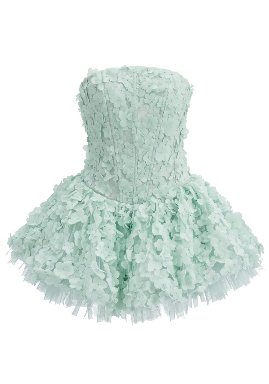 Strapless Floral Petal A Line Corset Dress Green