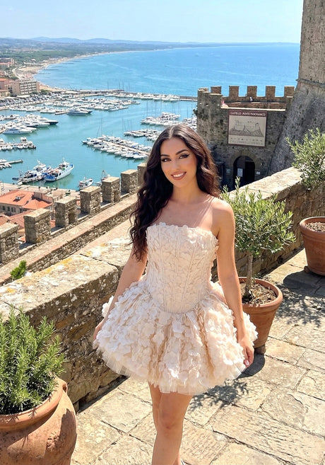 Strapless Floral Petal A Line Corset Dress Ivory