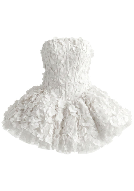Strapless Floral Petal A Line Corset Dress White