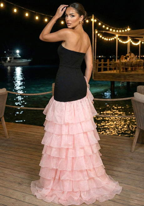 Strapless Floral Ruffle Maxi Dress Black Pink