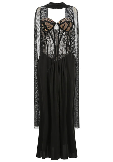 Strapless Lace Bustier A Line Maxi Dress Black