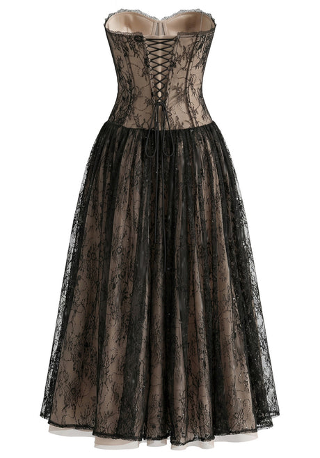 Strapless Butterfly Lace Corset Maxi Dress Black