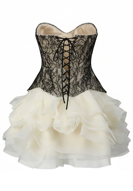 Strapless Lace Corset Ruffle Two Piece Dress Black Ivory