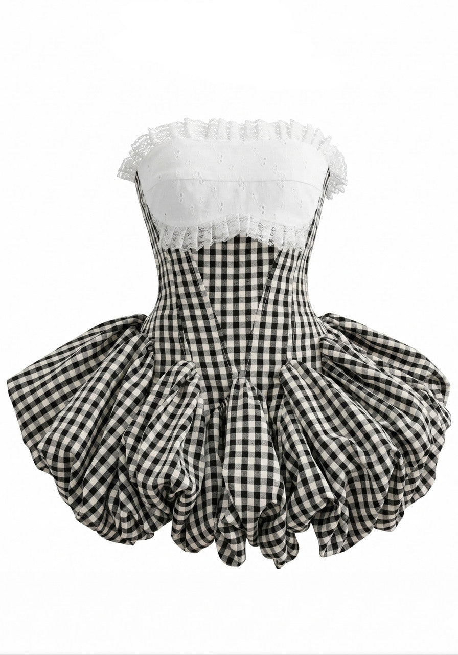 Strapless Lace Gingham Bubble Dress Black