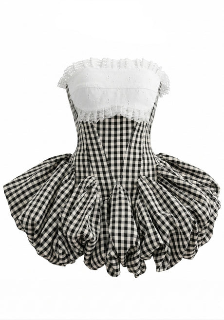 Strapless Lace Gingham Bubble Dress Black