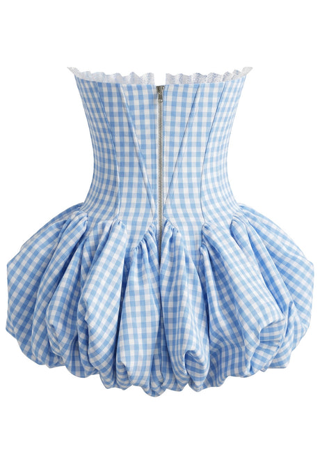 Strapless Lace Gingham Bubble Dress Blue
