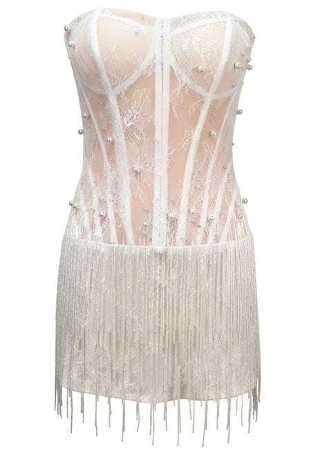 Strapless Lace Tassel Dress White